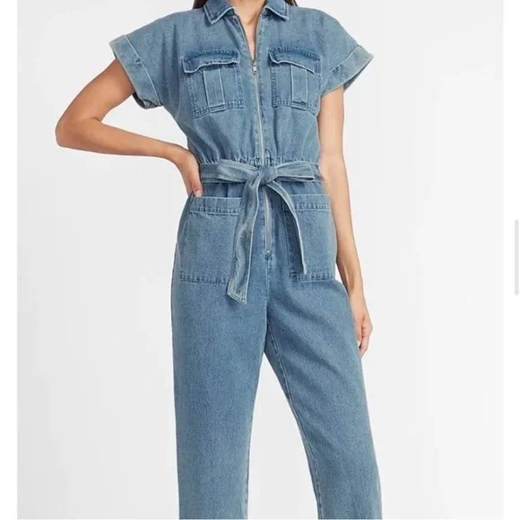 EXPRESS X LADYGANG DENIM JUMPSUIT ZIP JEAN UTILITY JUMPSUIT TIE WAIST Size 2 - Picture 9 of 9
